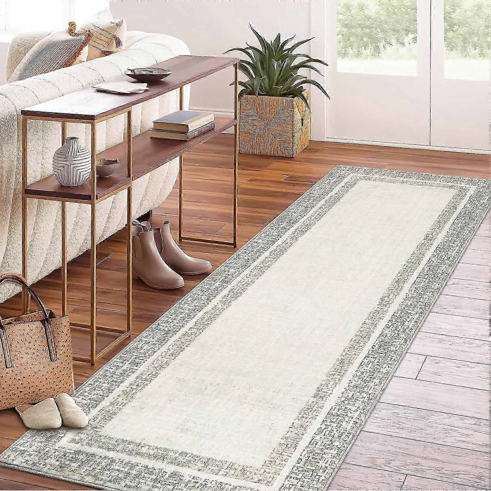 Haperlare Bordered Runner Rugs for Hallway Washable Low Pile Non Slip Laundry Rug Runner Rugs for Entryway Beige Floor Mat,2'x6'