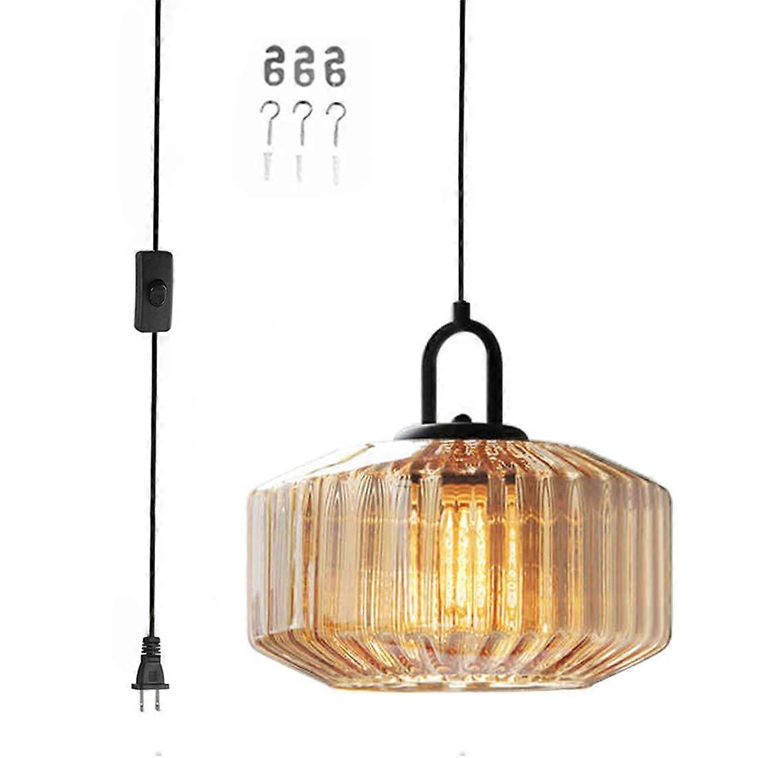 Plug in Pendant Light with Handblown Amber Glass Globe, Adjustable 14.7ft Cord and On/Off Switch