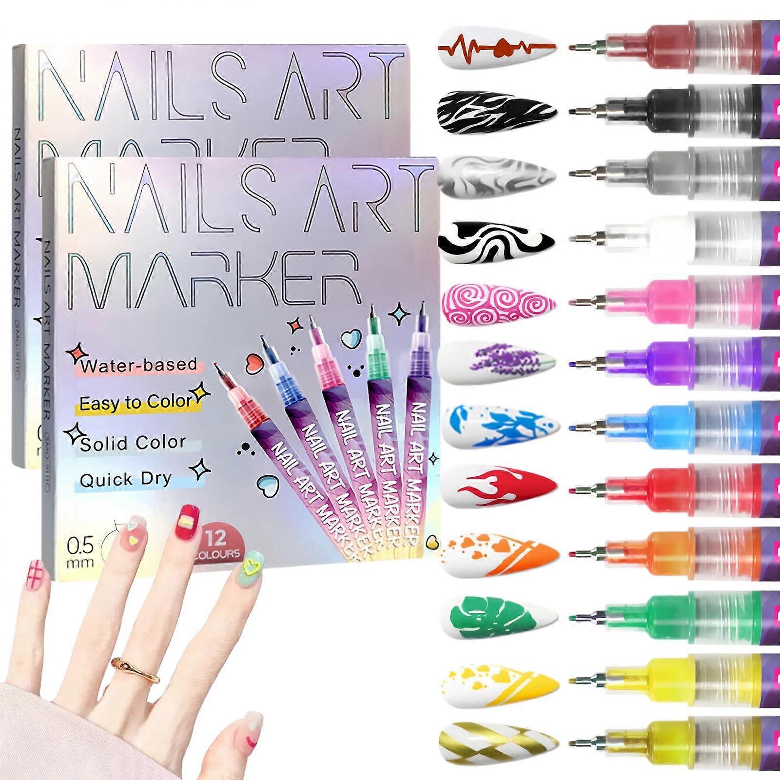 12 Colors Nail Art Pens Set with Precision 0.5mm Tip, QuickDry WaterBased Ink, 2 Sets for DIY