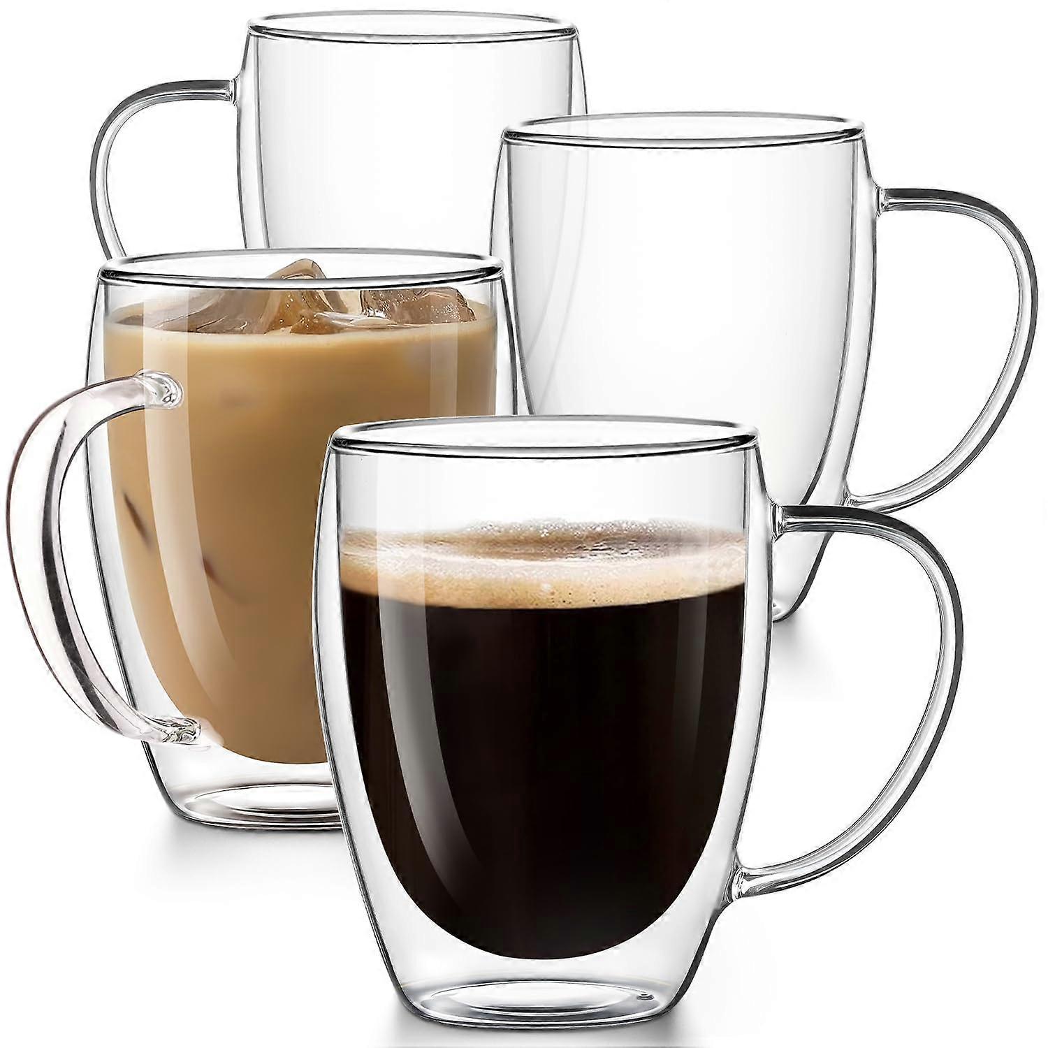 Double Wall Glass Coffee Mug Set of 4, 12.5oz Insulated Cups with Handle for Hot and Cold Drinks