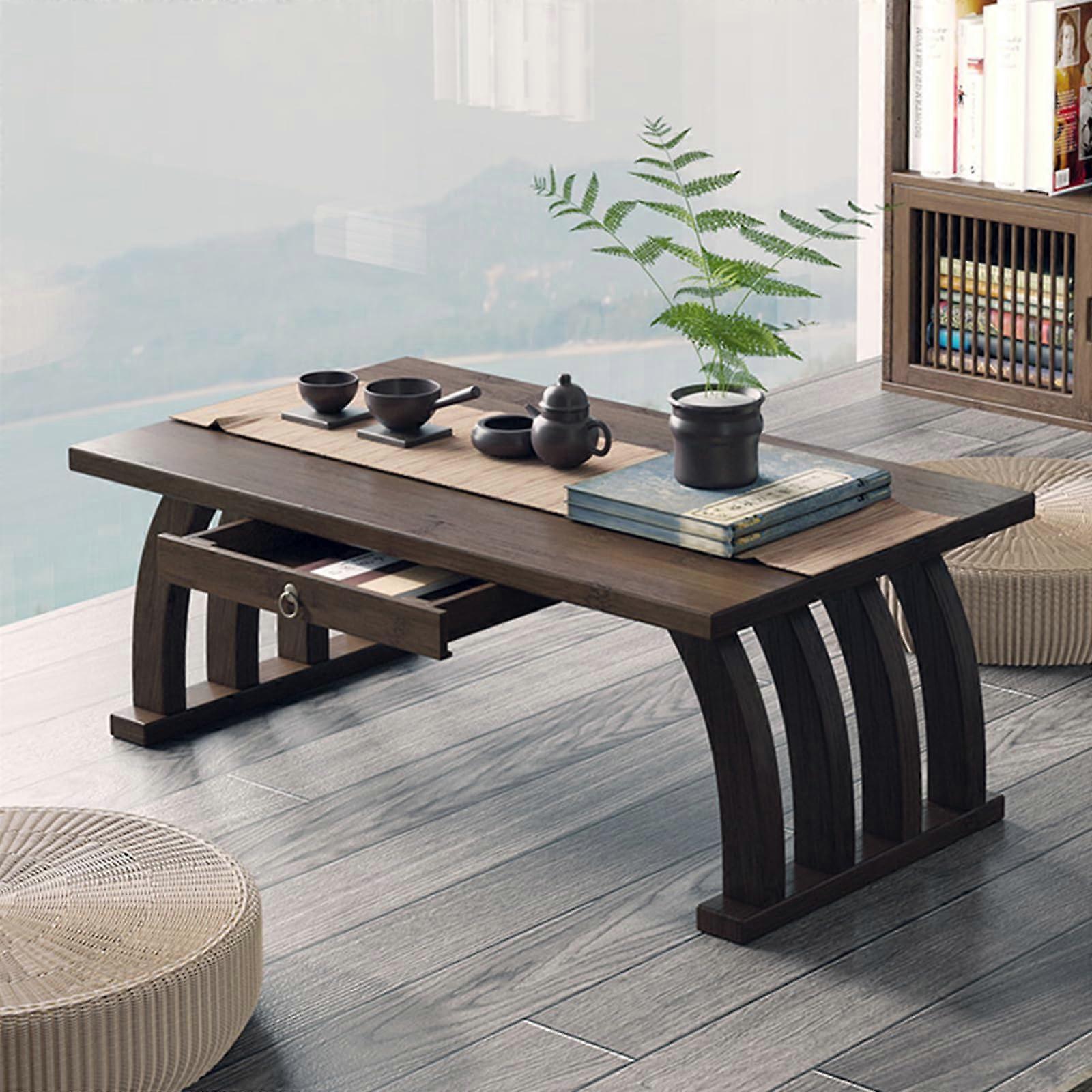 Japanese Floor Table Natural Bamboo Low Tea Table with Shelf Tatami Coffee Table Brown 60cm