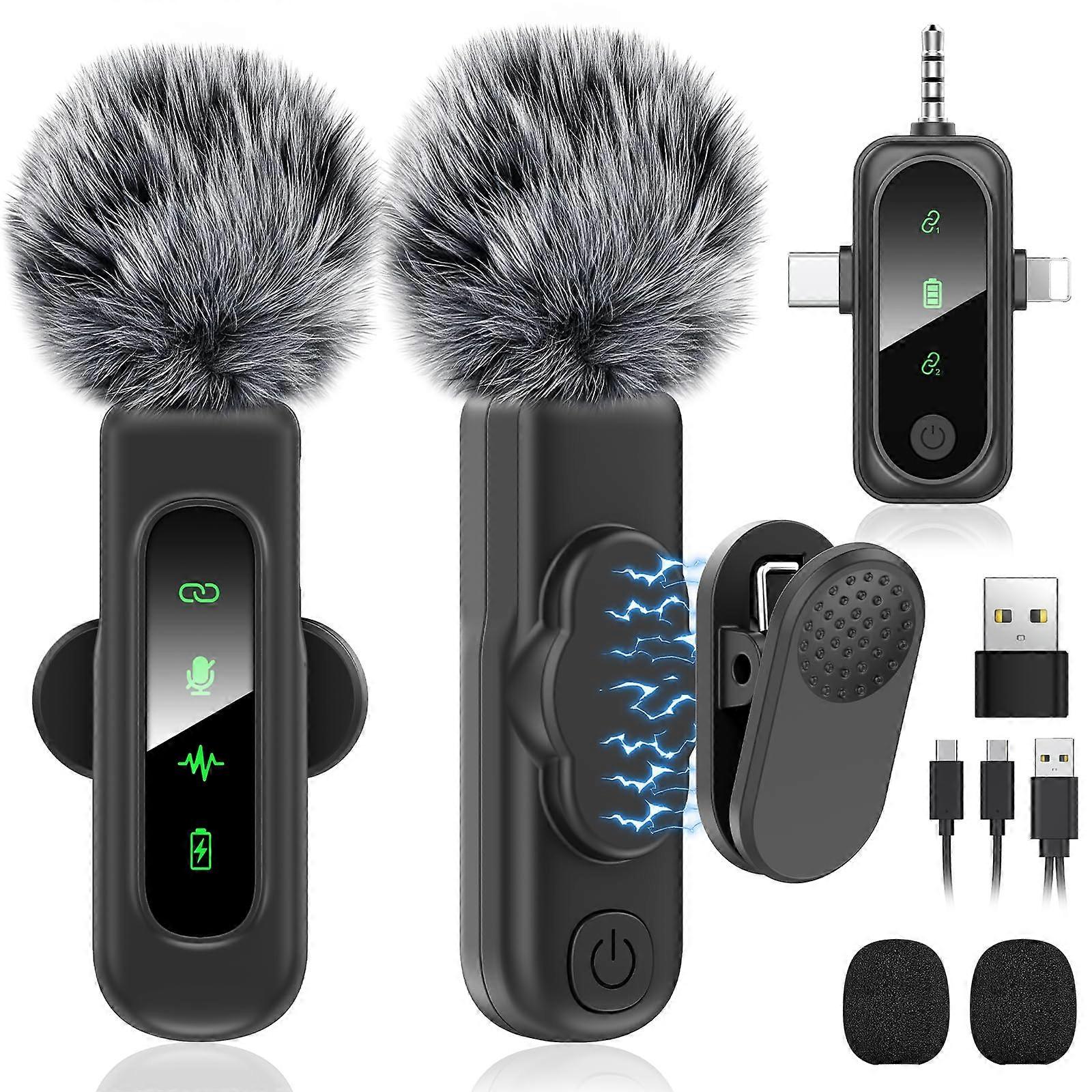 3in1 Wireless Lavalier Microphone 2 Pack for iPhone Android Camera with Noise Reduction and Magnetic Clip