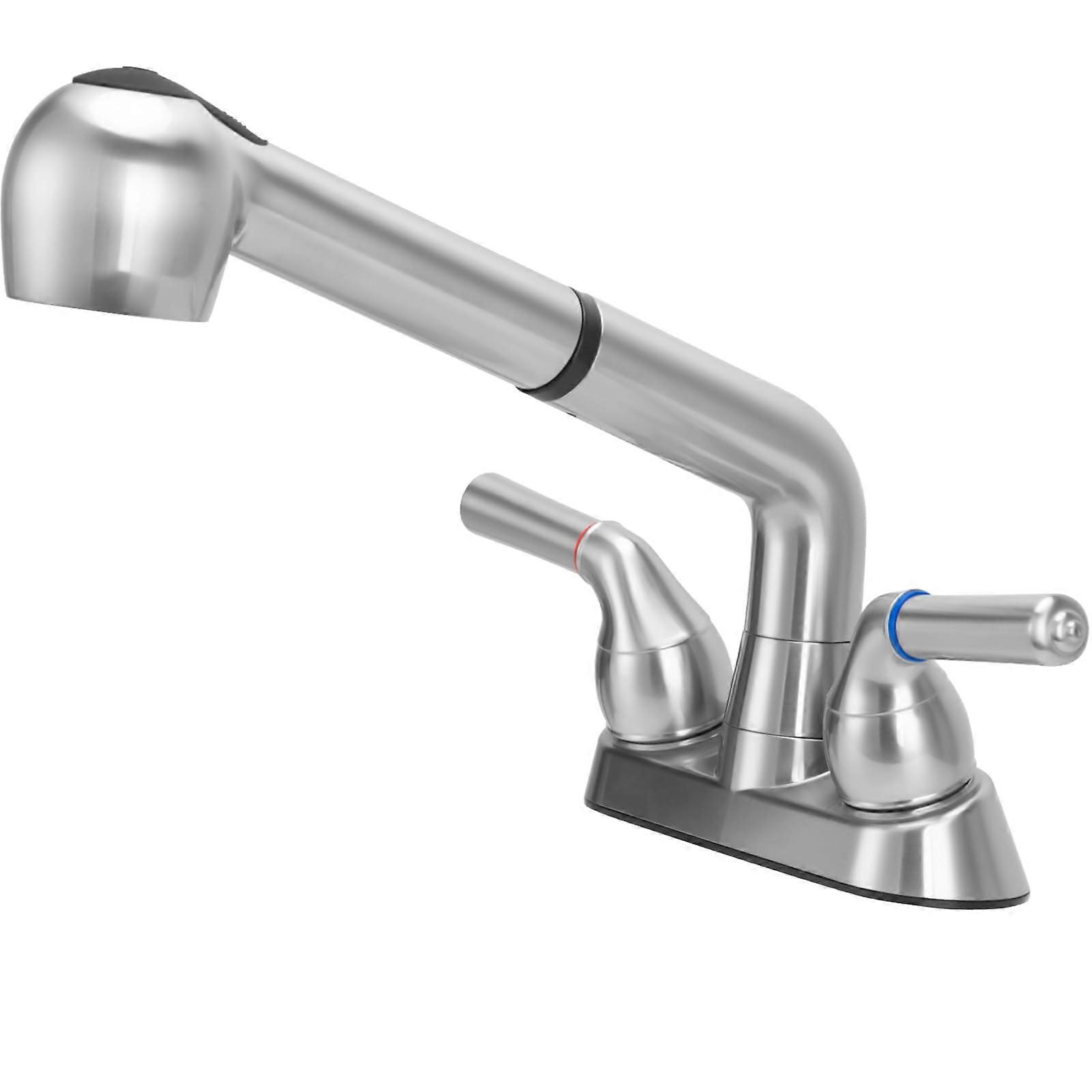 Utility Sink Faucet with Pullout Sprayer, Dual Handle Chrome Laundry Tub Tap, 360° Swivel Spout