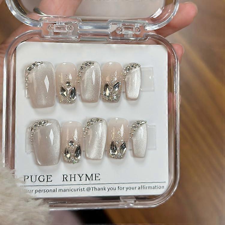 Cat Eye Press On Nails Short with Flash Diamond Starry Sky Pattern, Multiple Sizes for Women