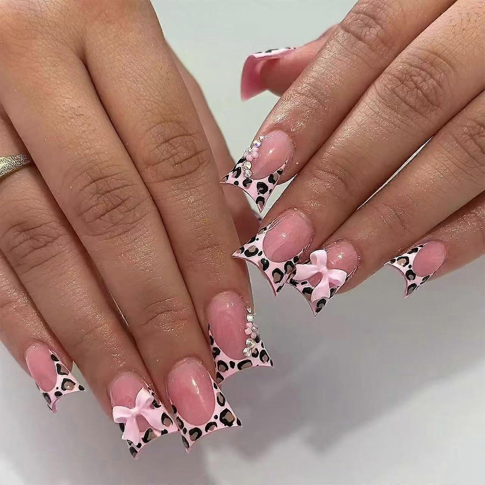 Medium French Tip Press On Nails Leopard Print with Pink Bow Glossy Flared False Nails 24PCS