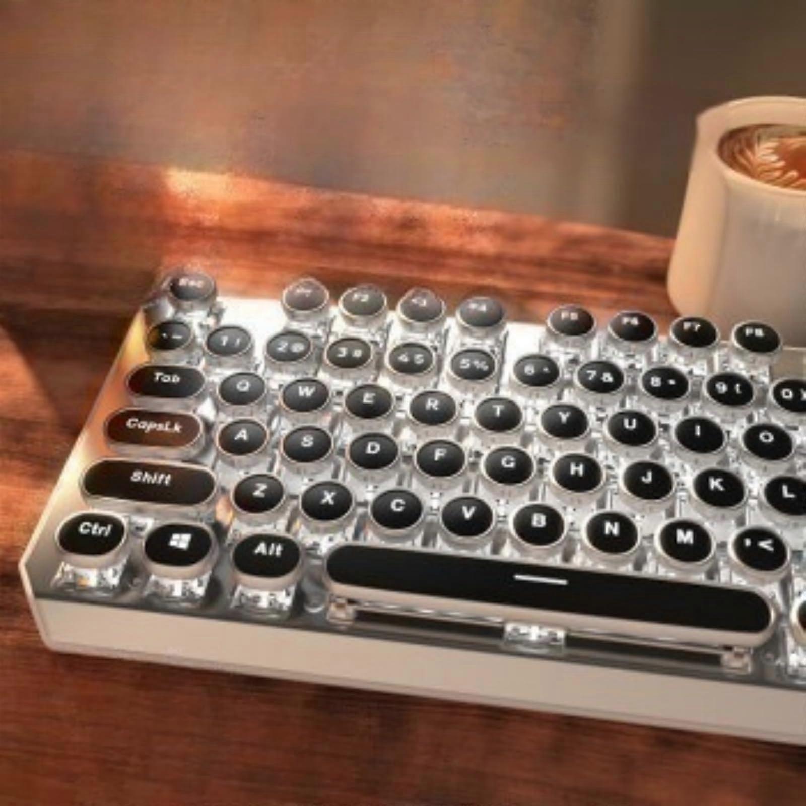 Wireless Mechanical Keyboard 80% Layout Bluetooth 5.0 Retro Typewriter Design Blue Switch White Backlit