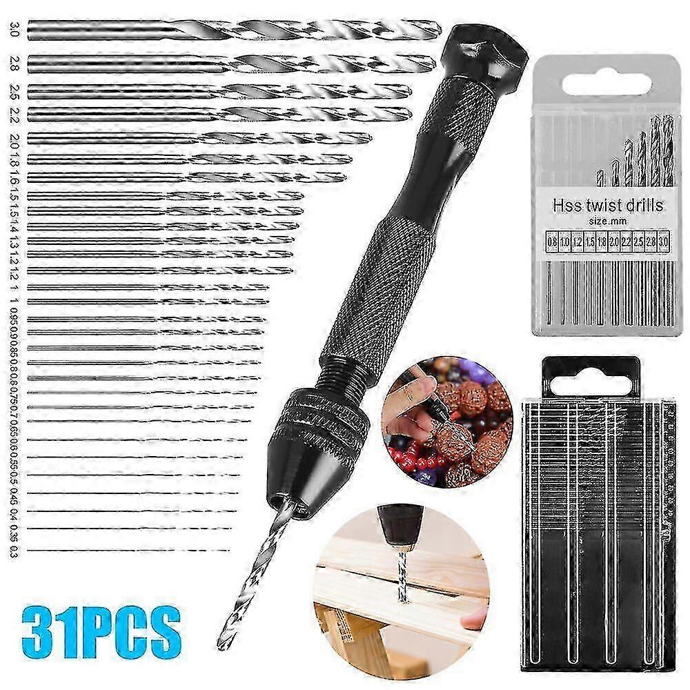 31PCS Precision Pin Vise Hobby Micro Drill Bits Mini Micro Hand Rotary Tool