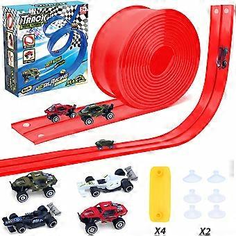 Flexible Race Track Set 5.0m with 4 Toy Cars & 12 Suction Cups, Dirt Bike Model, Portable Roll Up Ramp Toy for Kids, Christmas Birthday Gift for Boys 