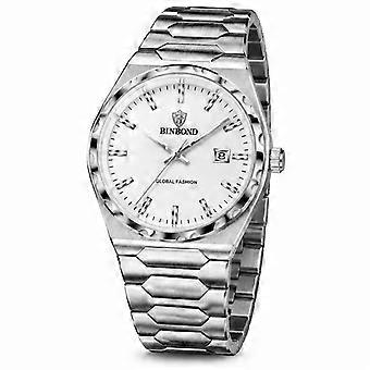 Reloj de pulsera de cuarzo de acero para hombre BINBOND con esfera blanca, estilo casual y elegante, resistente al agua y con calendario, marca JY.