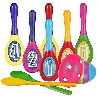 Pretyzoom Easter Bowling Game Set Wooden Bowling Pin Easter Eggs Spoons Educational Easter Game Toys Party Supplies-SSZFV