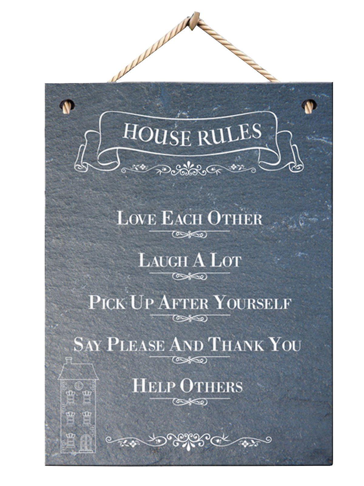 Black Slate Chalk Board Style House Rules Hanging Plaque 20 x 15cm