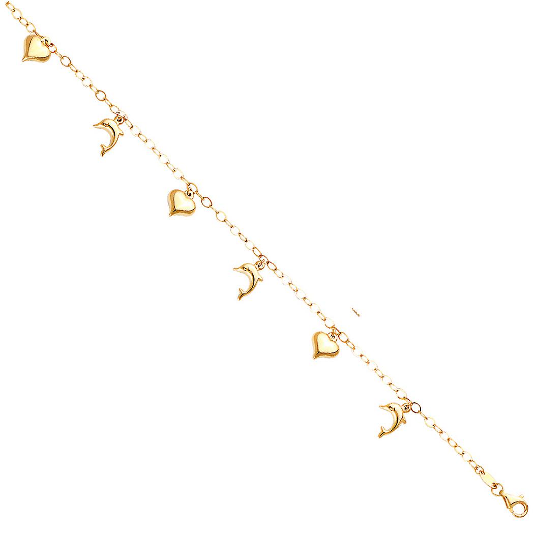 Pulseira feminina em ouro amarelo 14k com golfinho pendurado e coração, 7 + 1 elos de 7 polegadas.
