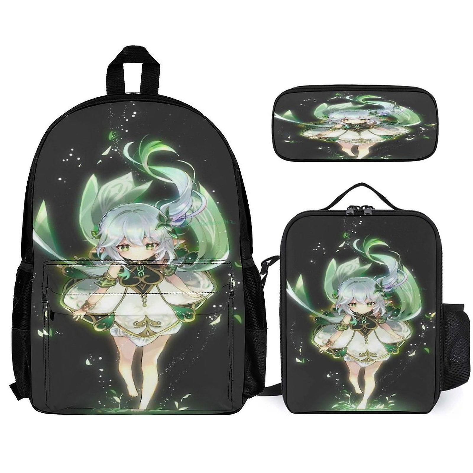 Genshin Impact Backpack 3 قطع مجموعة حقيبة ظهر للكمبيوتر المحمول مع مقلمة حقيبة غداء مختلطة