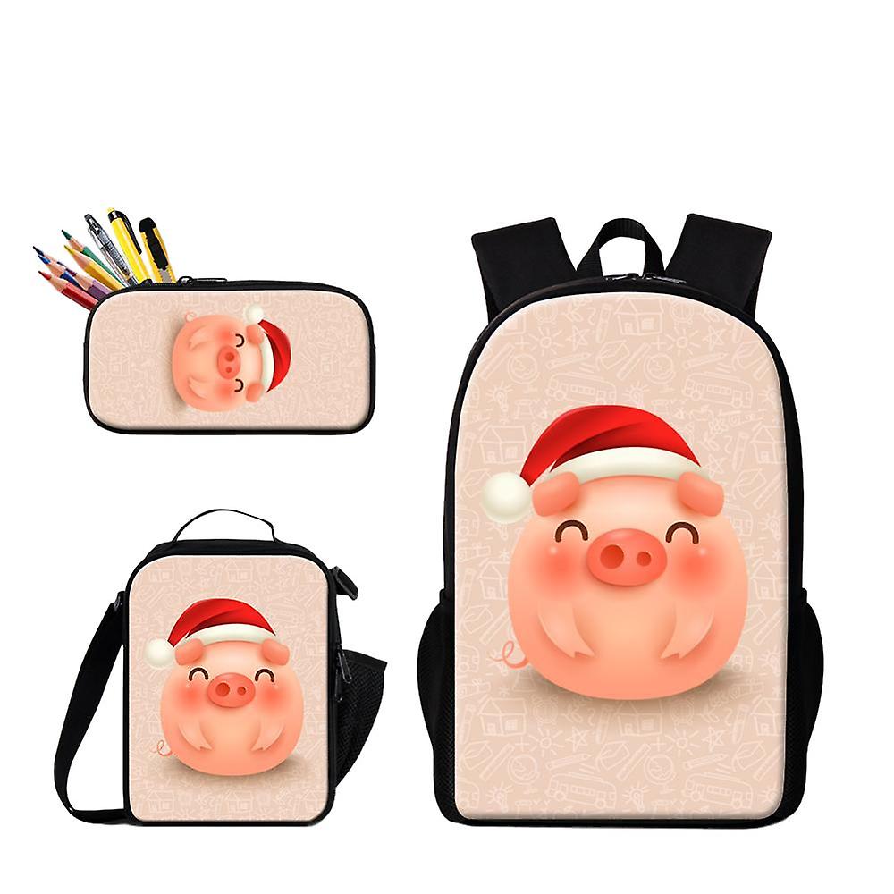 3pcs תלמיד שימוש יומיומי תרמיל עם אוכל קופסת אוכל מקרה עיפרון קריקטורה הדפסת חזירים תלמיד יסודי תיק בית ספר ילדה 600d תיק ספרים