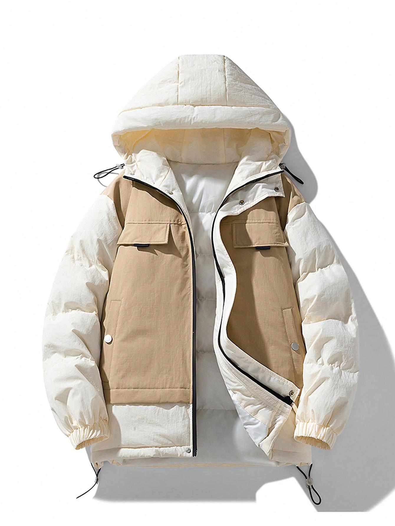 Men Two Tone Drawstring Hem Hooded Winter Coat