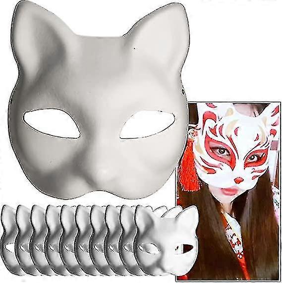 ホワイトペーパーマスク猫の顔 - 10個、ハロウィーンの仮装コスプレのための手描きパルプブランクマスク