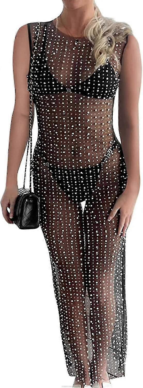 Womens Pearl Rhinestone Cover Up Sheer Mesh See Through Sleeveless Long