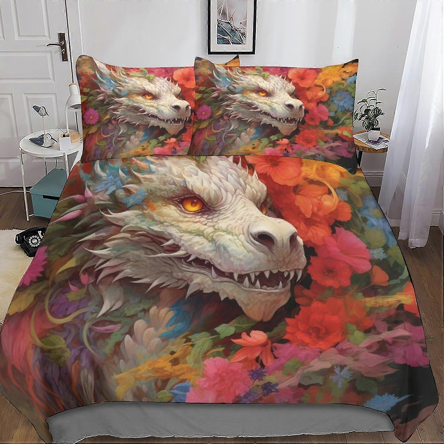 Dragon 3D Flower Print Duvet Cover Set Bedding Set with Zipper Closure, Soft Microfiber 3 Piece with Pillowcases for Kids and Adults