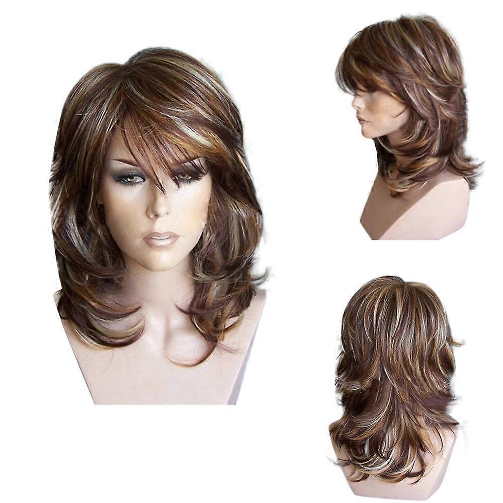 European And American Wigs Medium Side Highlighted Layered Slightly Curled Synthetic Wig