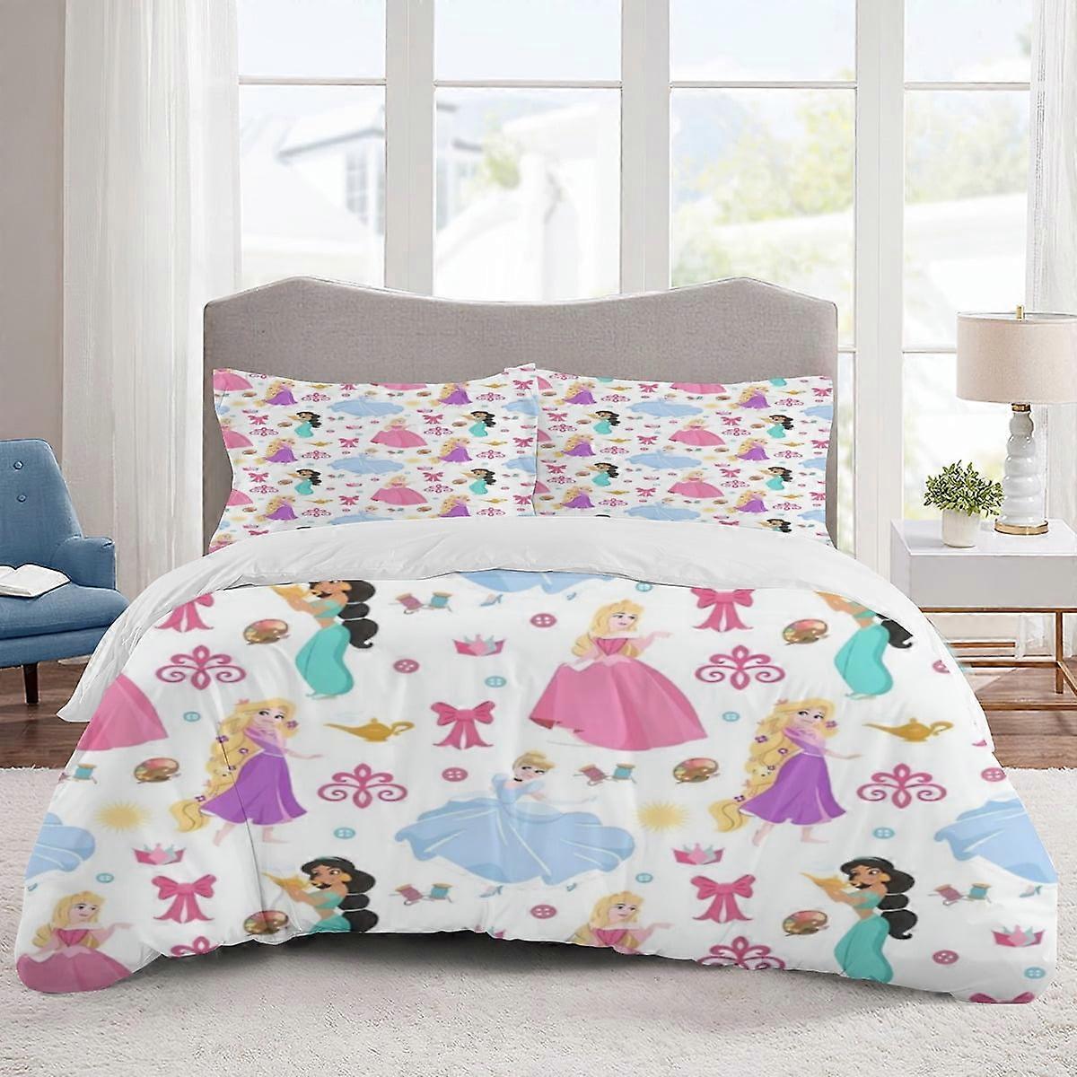 v1824 ملاءات السرير الفراش Dis-ney Princess مجموعات الفراش غطاء لحاف كرتوني خفيف الوزن 3 قطع مجموعات الرهان للأطفال والفتيان والبنات (1 غطاء لحاف و 2 حبة