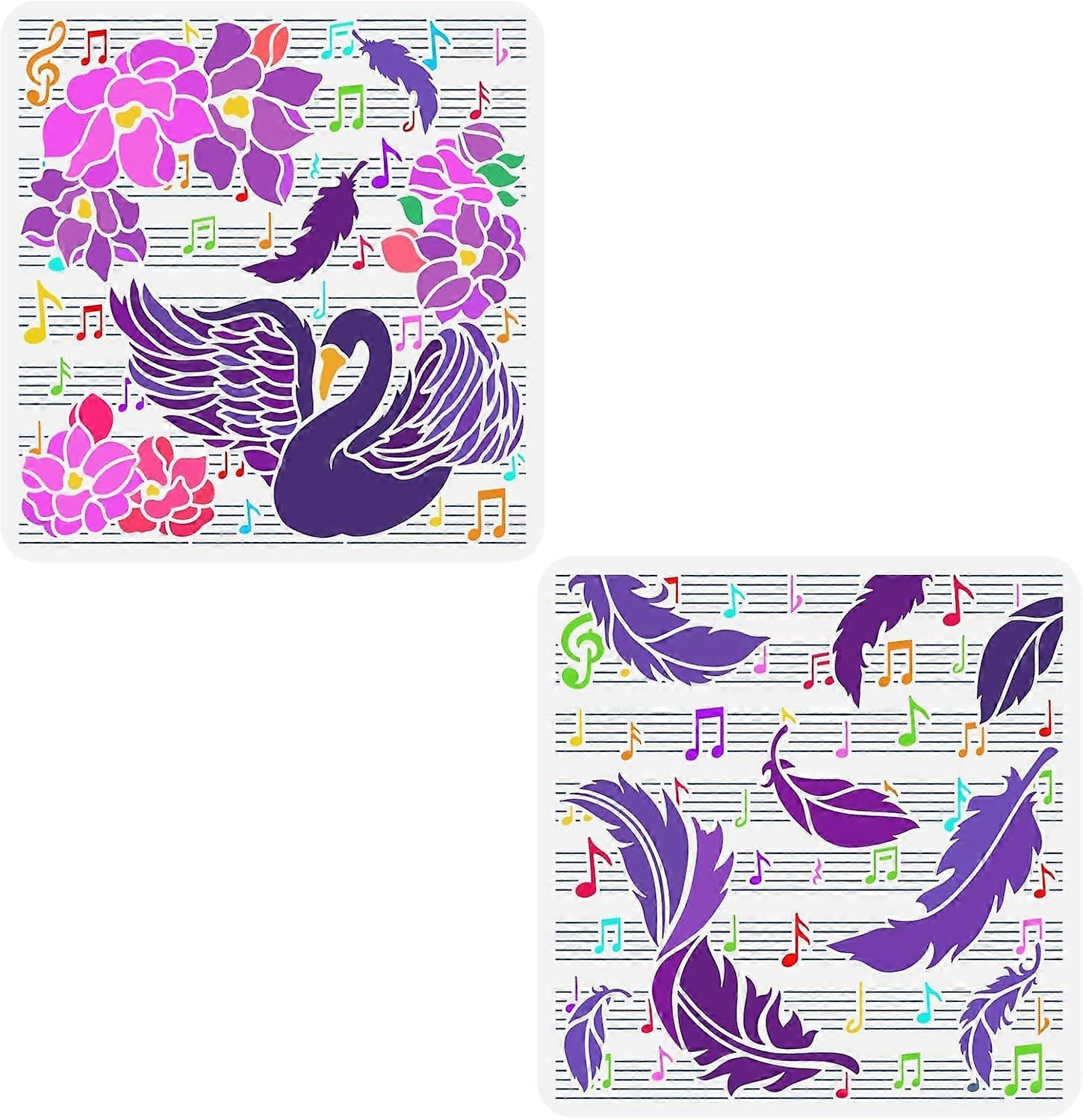 2 Pcs Sheet Music Stencil 11.8x11.8 inch Music Note Stencils Template Plastic Feather Flower Swan Patterns Stencil Reusable Music Theme Stencil for DI
