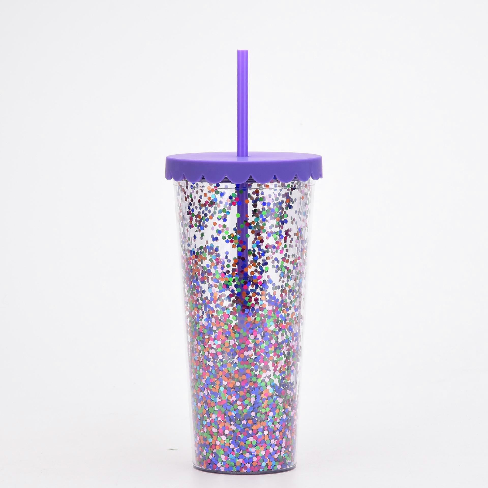 2022 new double-layer plastic cup simple transparent sequin glitter straw cup large-capacity summer water cup