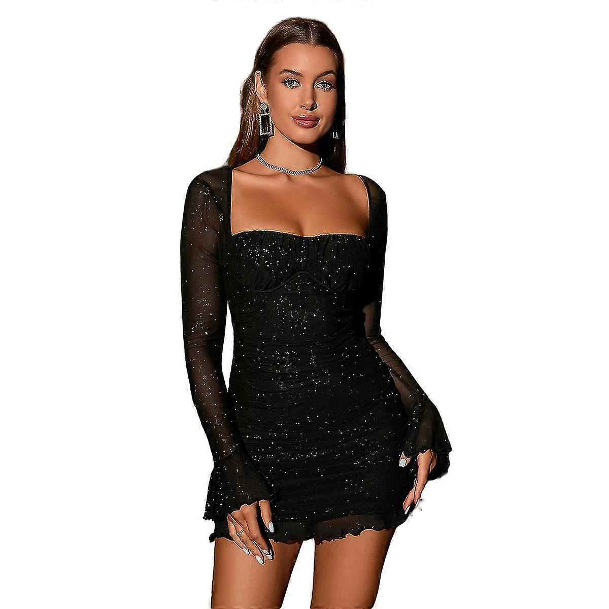 Sequin Backless Ruffled Sleeves Underwire Mesh Bodycon Mini Dress