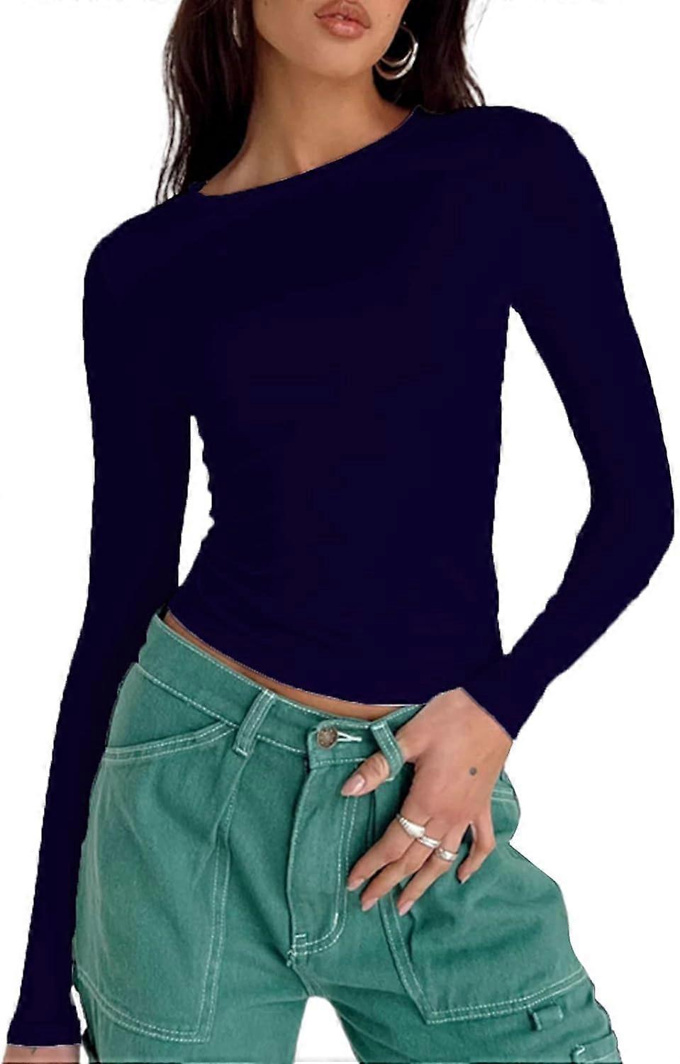 المرأة سليم صالح الخروج المحاصيل قمم عارضة بلون الطاقم الرقبة كم طويل ضيق تي شيرت ملابس الشارع الأساسية