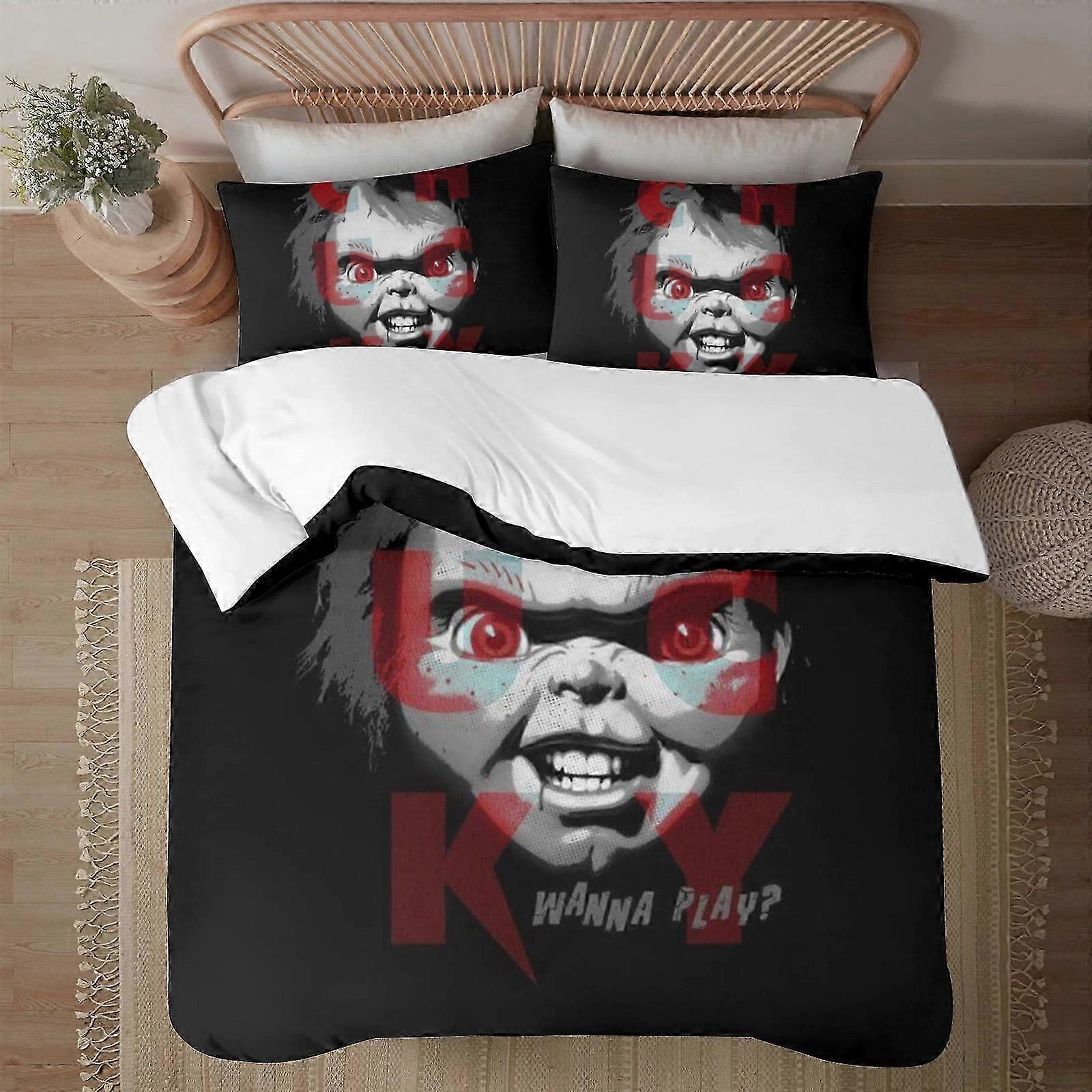 n637 Lençóis Halloween Chucky SoftCapa de Edredom Impressa em 3D Conjunto de Cama com Capa de EdredomConjunto de 3 Peças Inclui Fronhas e Capa Mhine (1 Duve