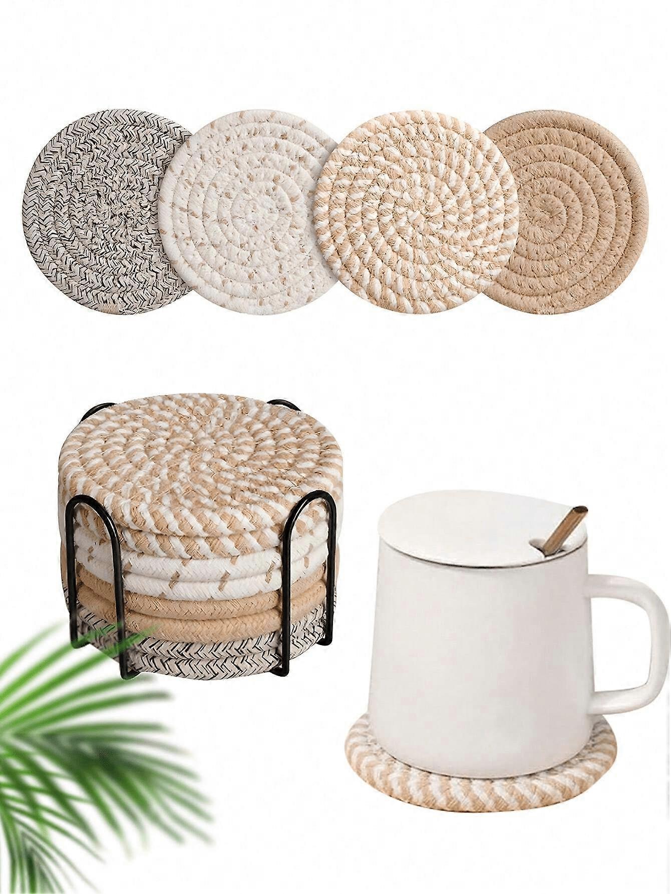 8 Pcs Drink Coasters With Holder, Minimalist Table Woven Coasters,Kitchen Table Heat-Resistant Coasters And Thick Insulation Pads,4 Colors Absorbent C