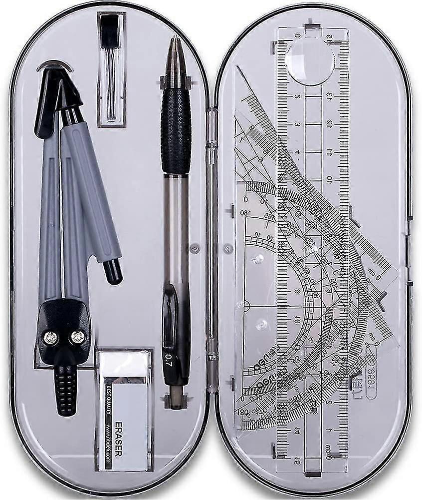 8 Pieces Math Geometry Kit Set Student Supplies With Shatterproof Storage Box Reusable Pouch,includes Rulers,protractor,compass,pencil,eraser.for St,1