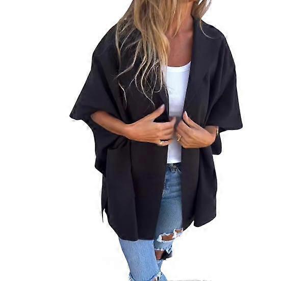 Women Jacket Cape Style Hooded Pockets Solid Color Open Stitch Loose Thermal Three Quarter Sleeved Hiking Workout Spring Fall Winter Coat