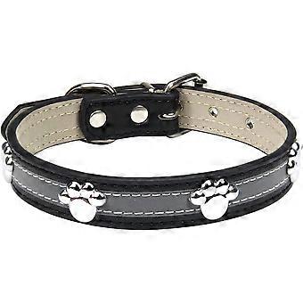 Reflective Dog Collar with Cute Paw Rivet Studded Funny Soft PU Leather Adjustable Puppy Dog Collars for Small Medium Large Dogs CatsM