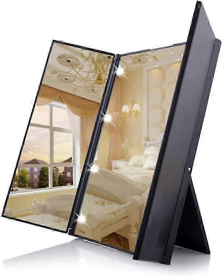 Makeup Mirror, Tri - fold Design with LED Lights, Standing Vanity Mirror for Bedroom, Ideal for Makeup Application and Personal Grooming