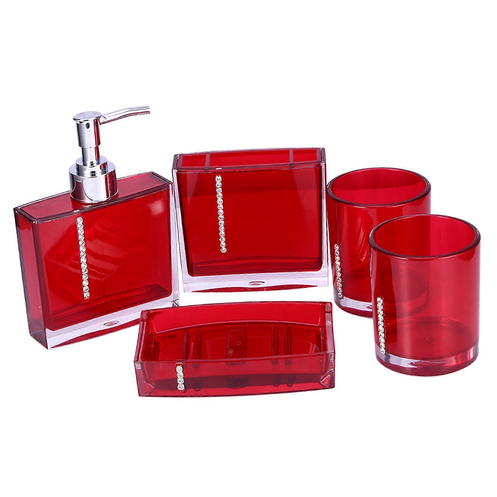 5PC Acrylic Bathroom Set Red: Toothbrush Holder, Soap Dish, Cups