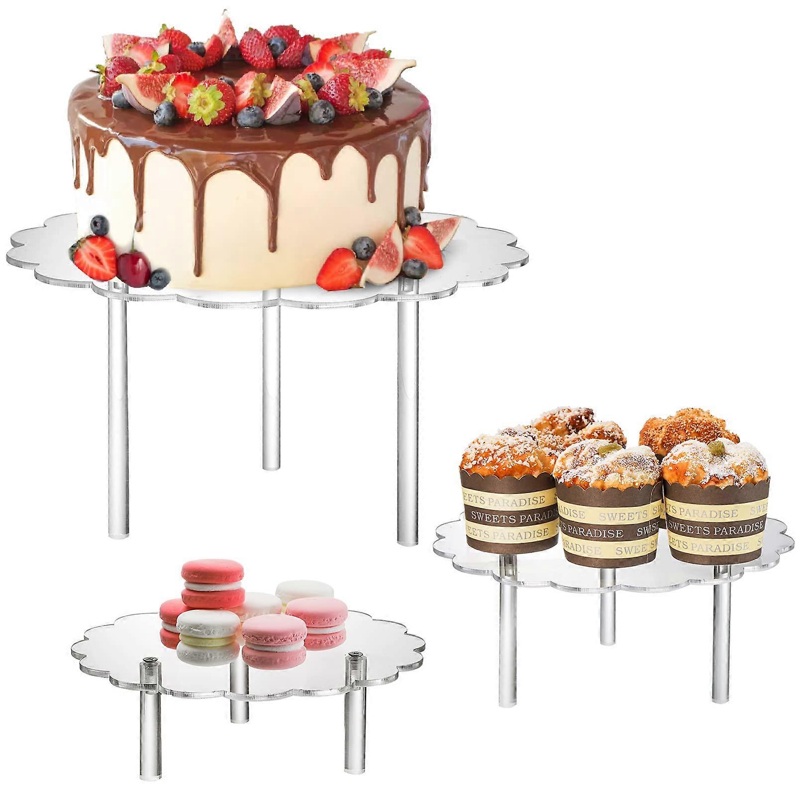 3 Pack Clear Acrylic Cake Stands and Cupcake Holders, Flower Shape Dessert Display Risers for Bakery and Events