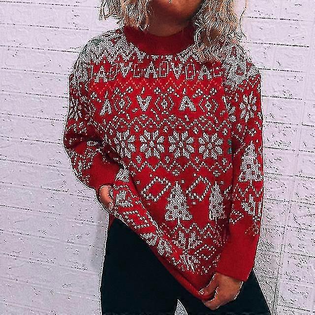 秋、冬、新しい女性's服レトロ雪クリスマステーマ赤パーティーセーターラウンドネックサーマルプルオーバーファッションセーター@BUGU