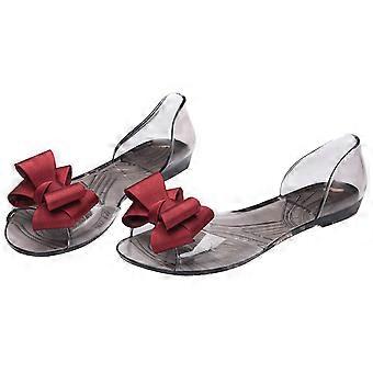 Women Summer Casual Jelly Sandals Fashion Elegant Cute Bowknot Beach Sandals PVC Fish Mouth Flat Heel Slippers Shoes  Red
