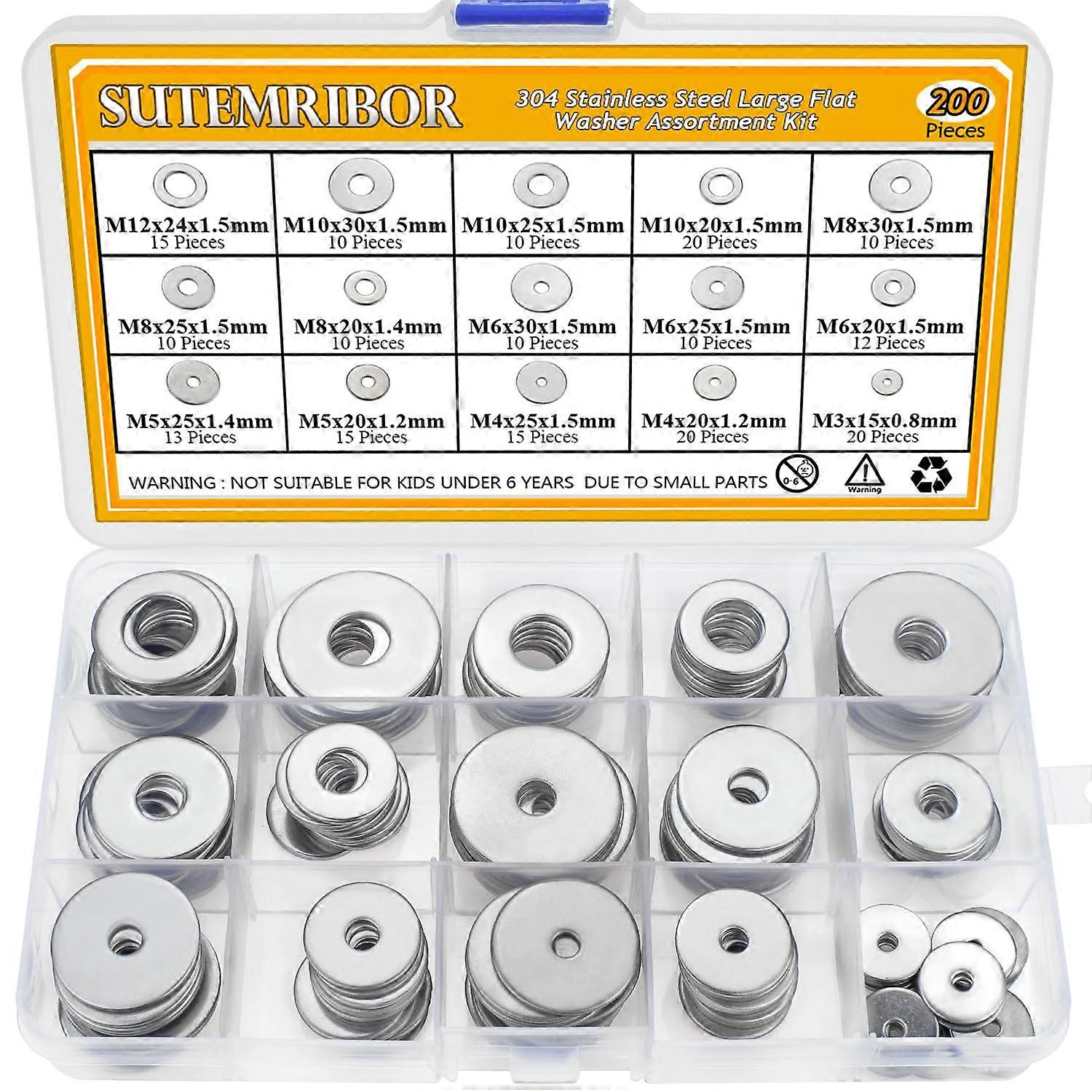 304 Stainless Steel Large Fender Washer Assortment Kit - 200 Pieces, 15 Sizes, M3 M4 M5 M6 M8 M10 M12