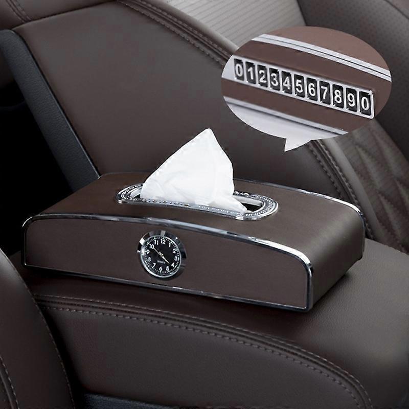 Car Clock Tissue Box Multi-Function Vehicle Instrument Table Paper Towel Box, Style: Clock+Parking Card (Mocha Brown)