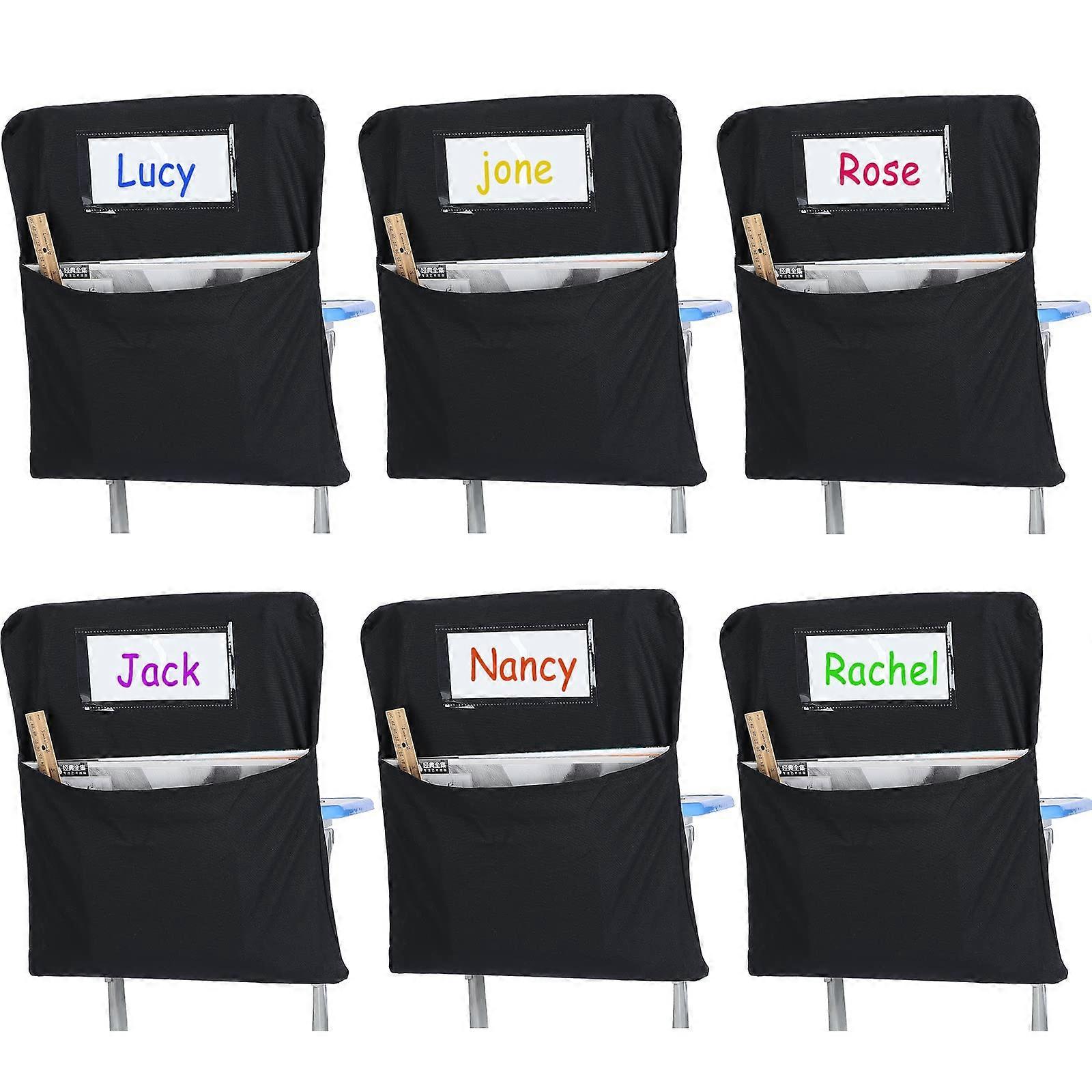 17 Inch Large Chairback Pocket Chart Organizer - 6 Pack Student Chair Pockets with Name Tag for Classroom Use, Black
