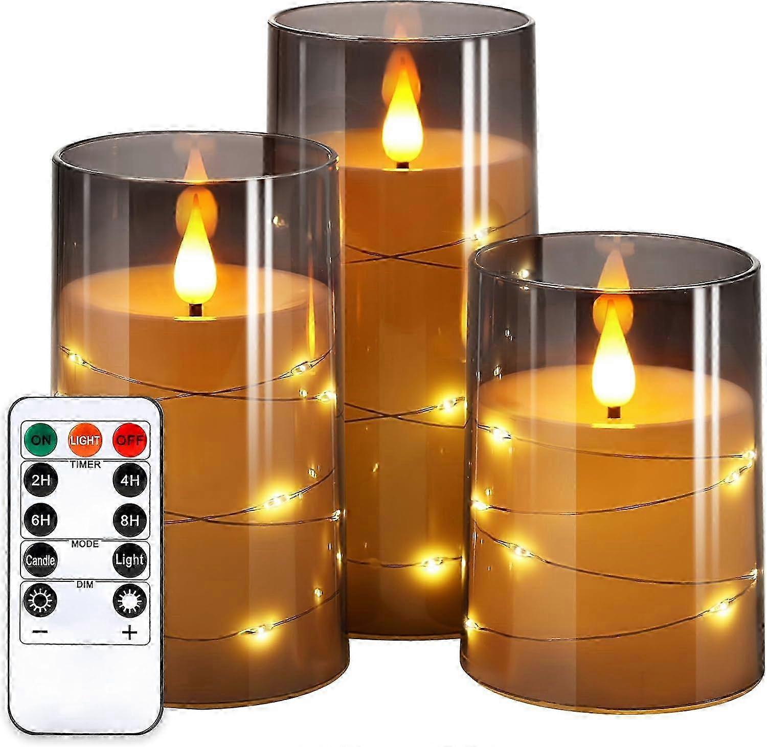Flameless LED Candles with Remote, Timer, Star Lights - 3 Pack Gray