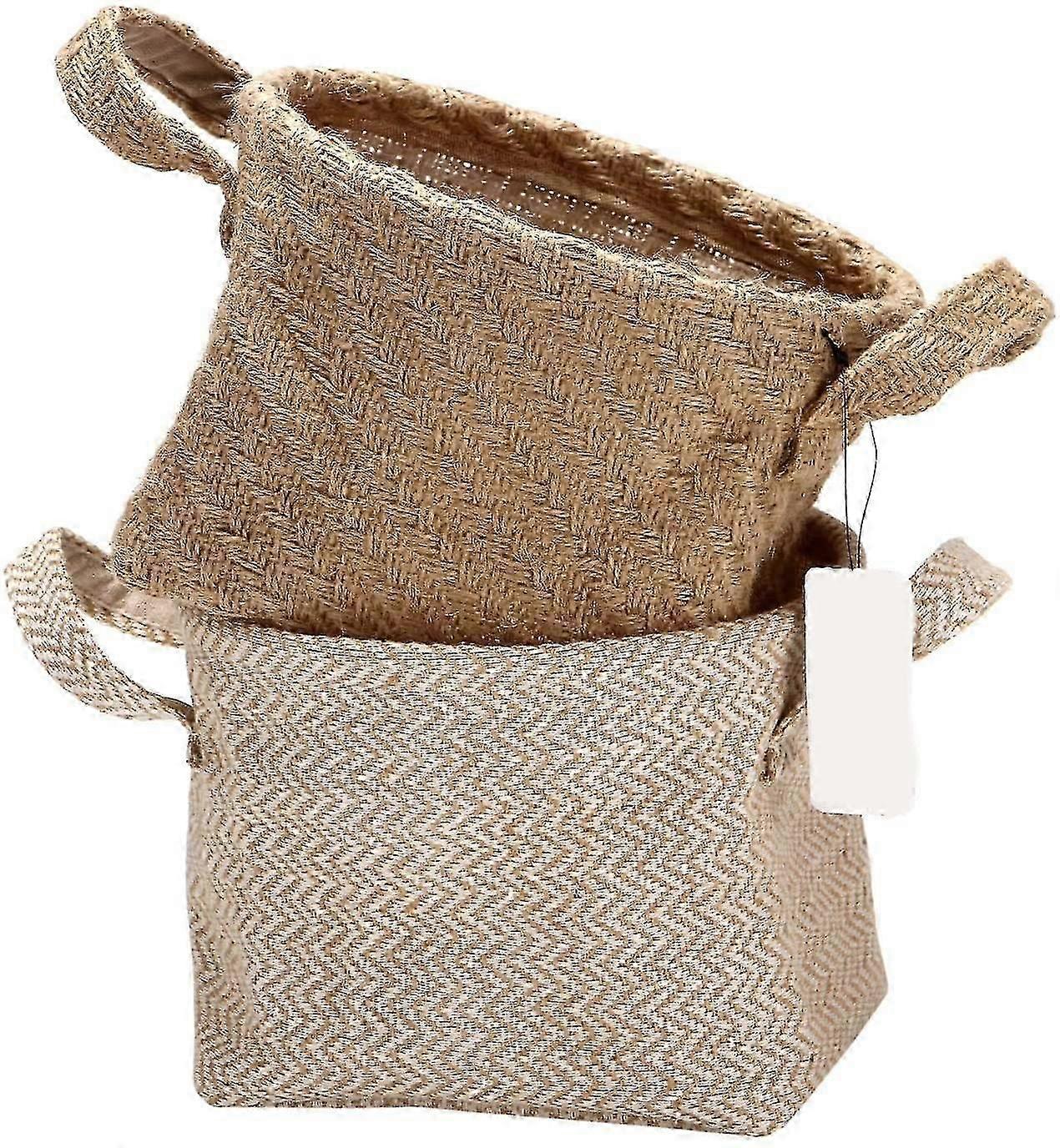Baskets Organizer Box Bins In Jute And Cotton Linen Foldable With Handle 14 * 17 * 16cm 2pcs Lh-1