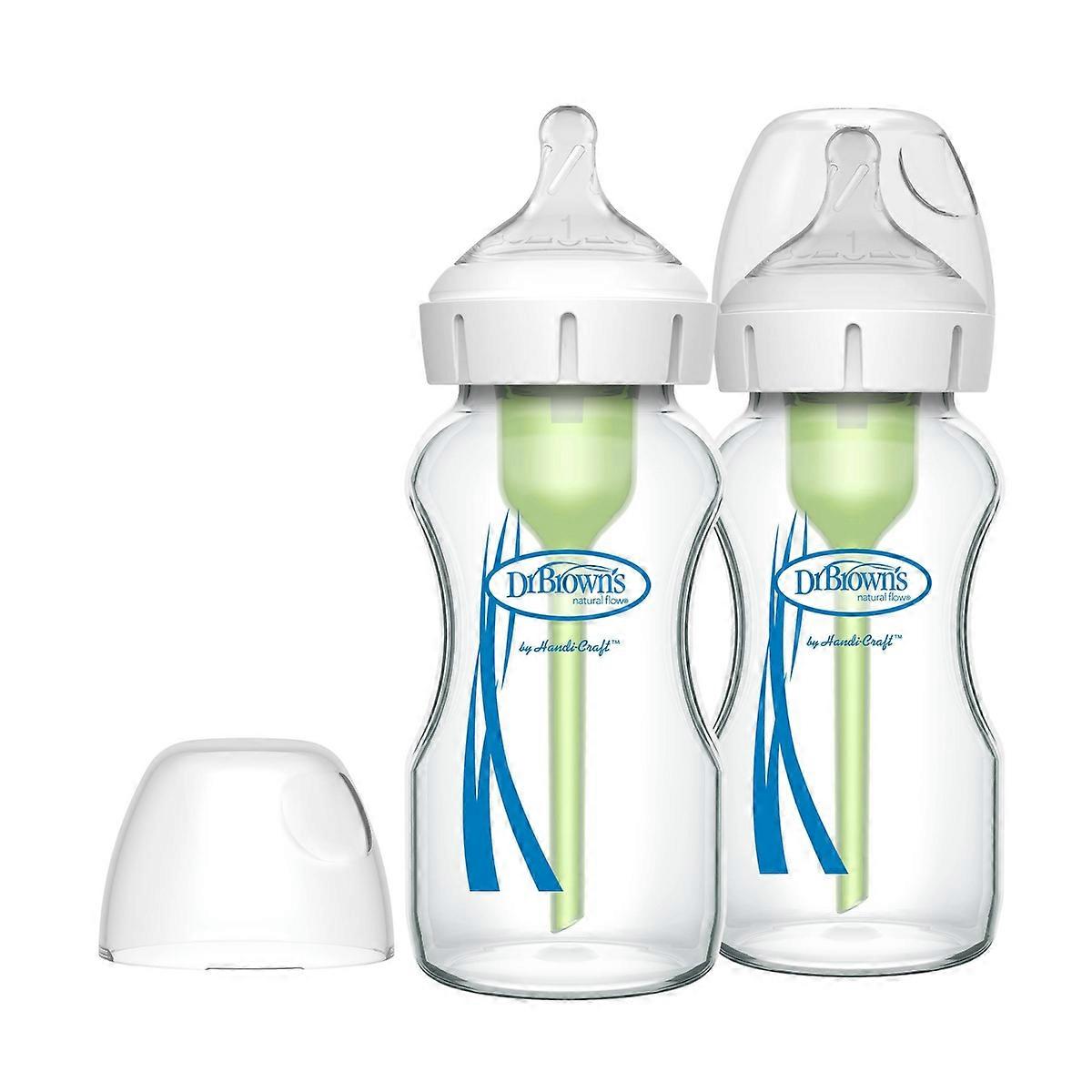 Dr. Brown's， Colic Options+ 宽颈玻璃婴儿奶瓶，带 1 级慢流奶嘴 - 2 包 - 0m+