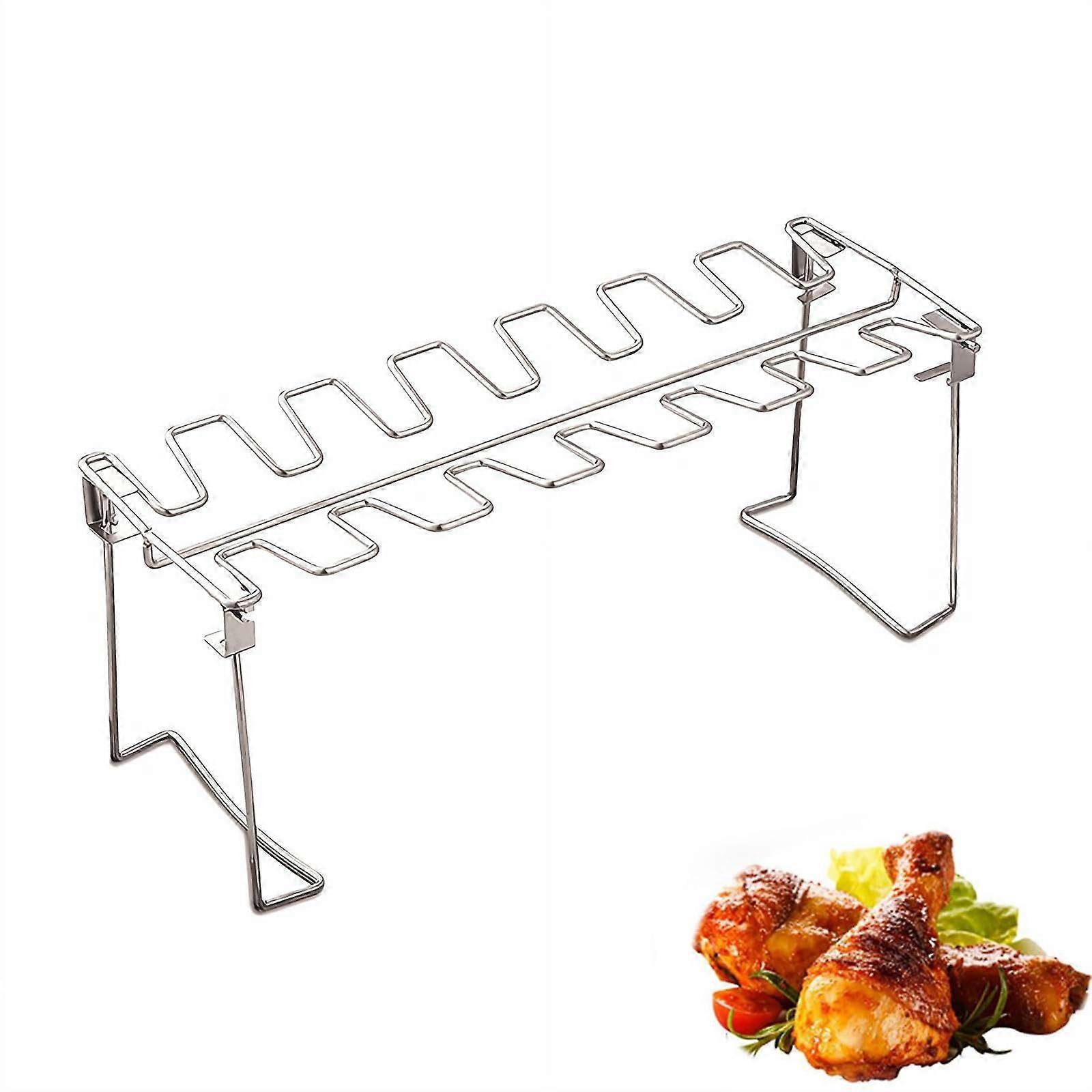 Chicken Leg Rack for Grill with Drip Pan, Slots 12/14 Stainless Steel, BBQ Accessories (14 Kara) Silver