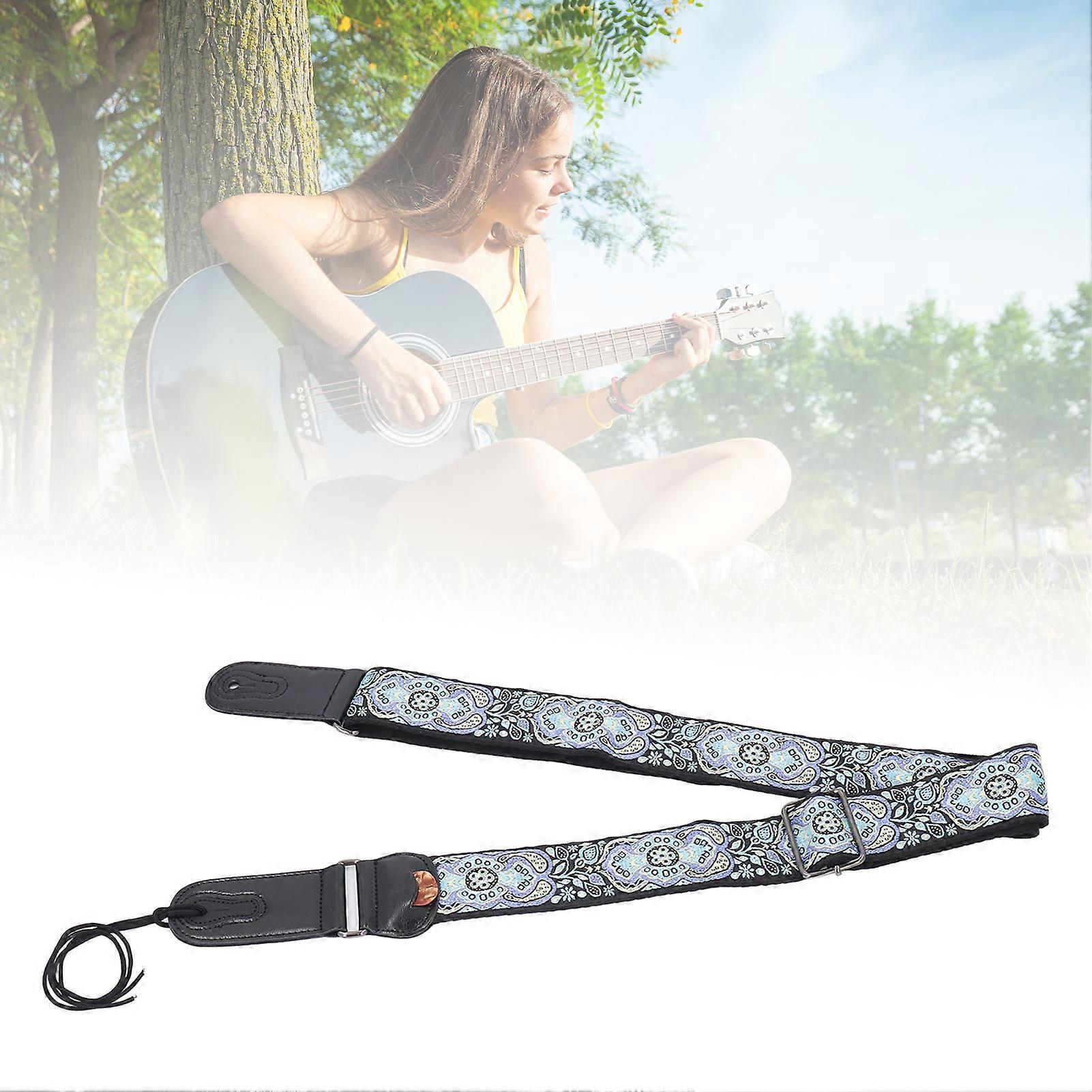 Sangle de guitare ethnique 2 pouces élargi longueur réglable en cuir coton sangle de guitare avec porte-médiator pour basse ukulélé type 2