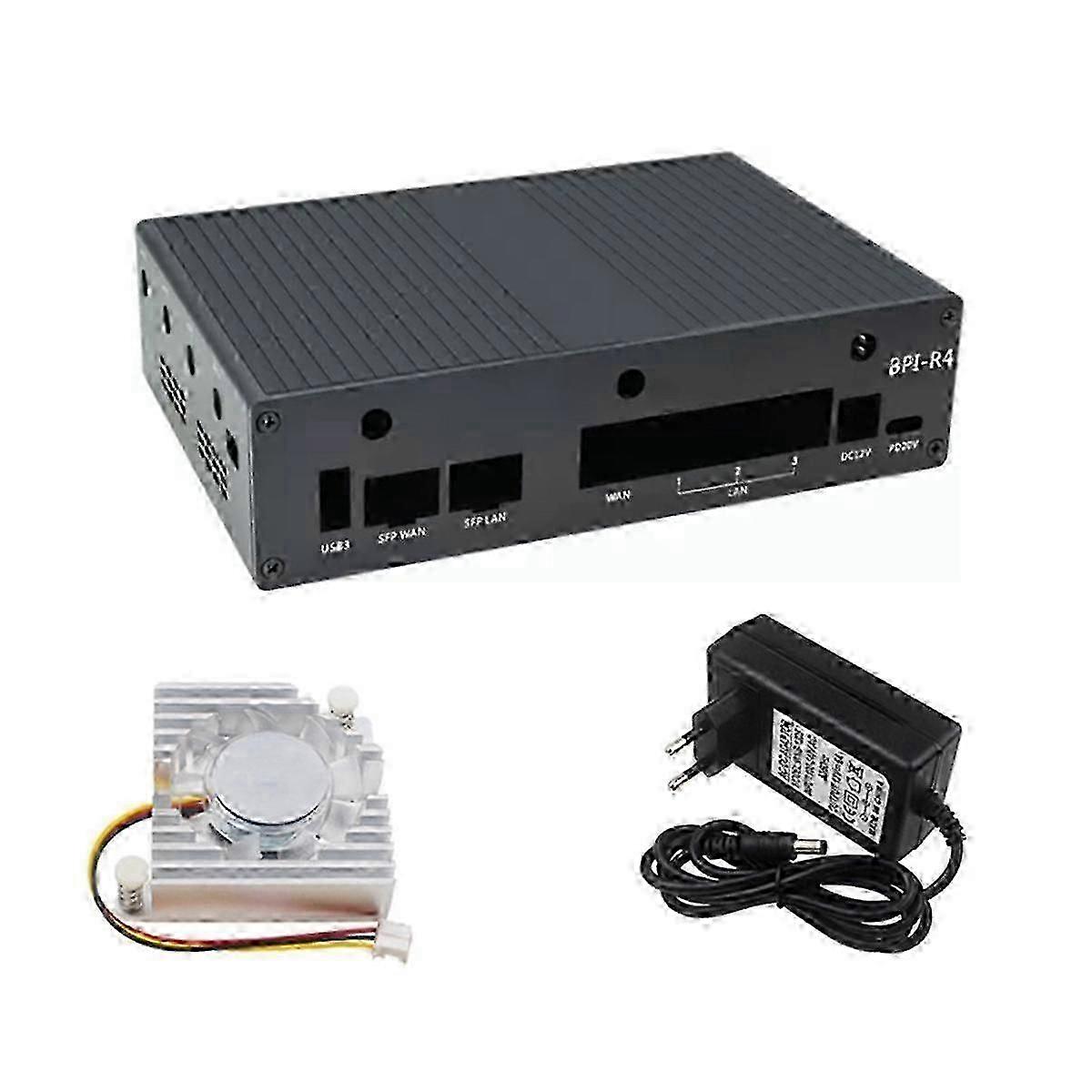 Aluminum Case with Fan and 12V 5A DC Power Supply for Banana Pi R4 Development Board Accessory