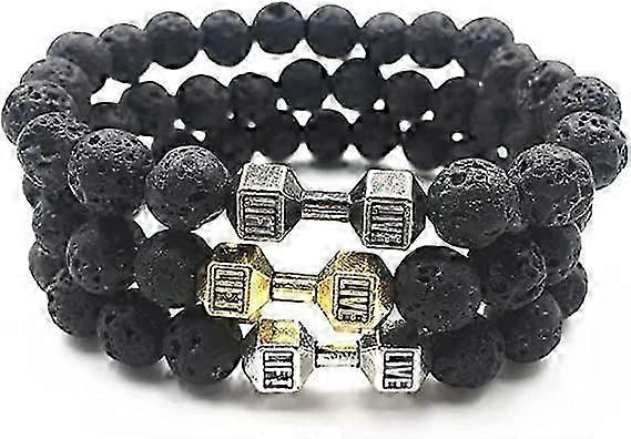 自然な黒い火山溶岩石ダンベルブレスレット女性男性フィットネスバーベルジュエリーのためのブラックマットビーズブレスレット