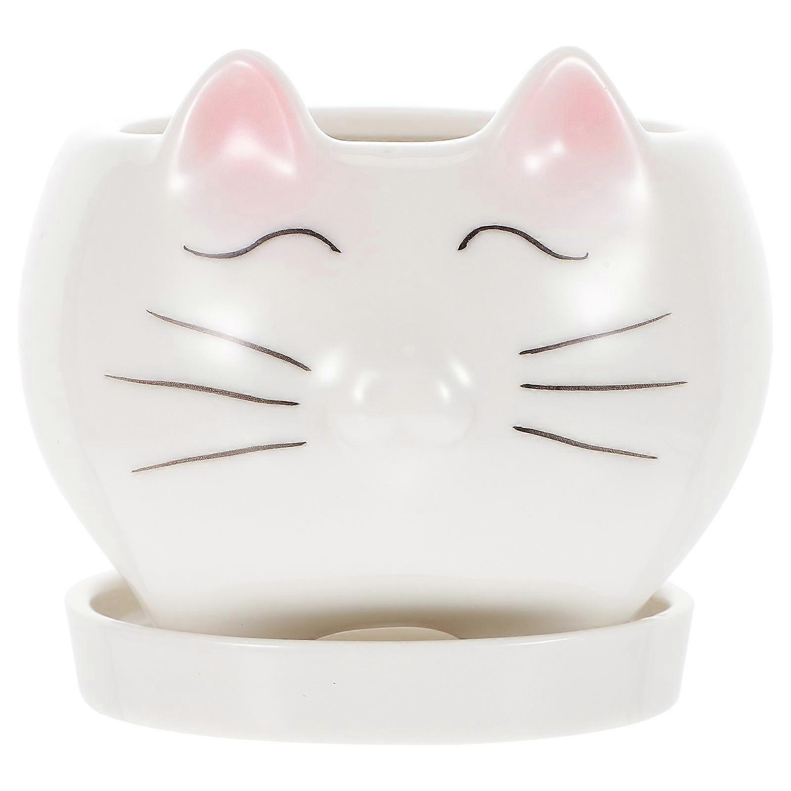 Cat Shaped Flower Pot White Ceramic Planter Home Use 8*6.9cm With Base 1 Set