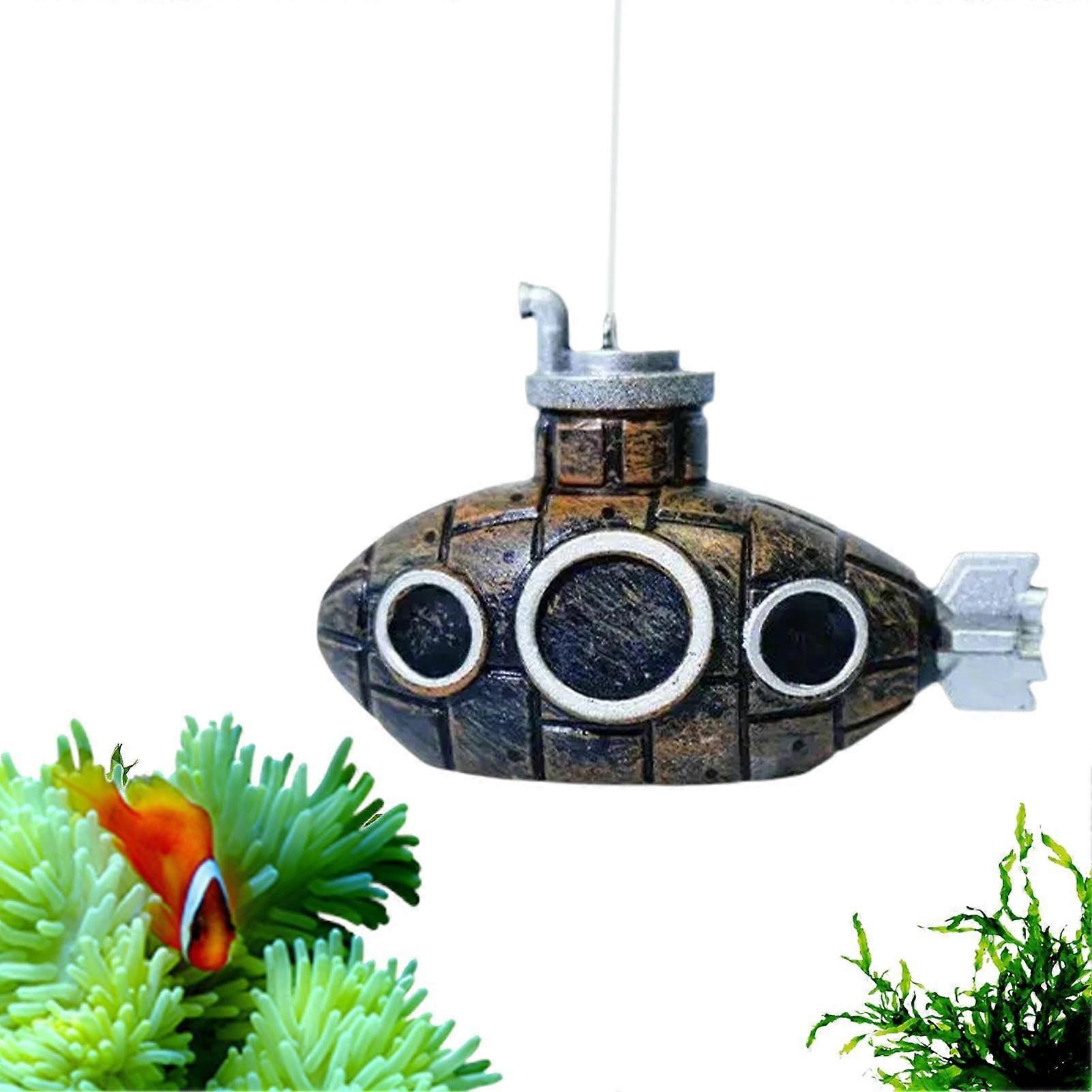 Floating Aquarium Decorations - Retro Bronze Submarine Fish Toy, Betta Cave, Shrimp Hideout for Cichlids and Aquatic Ornaments